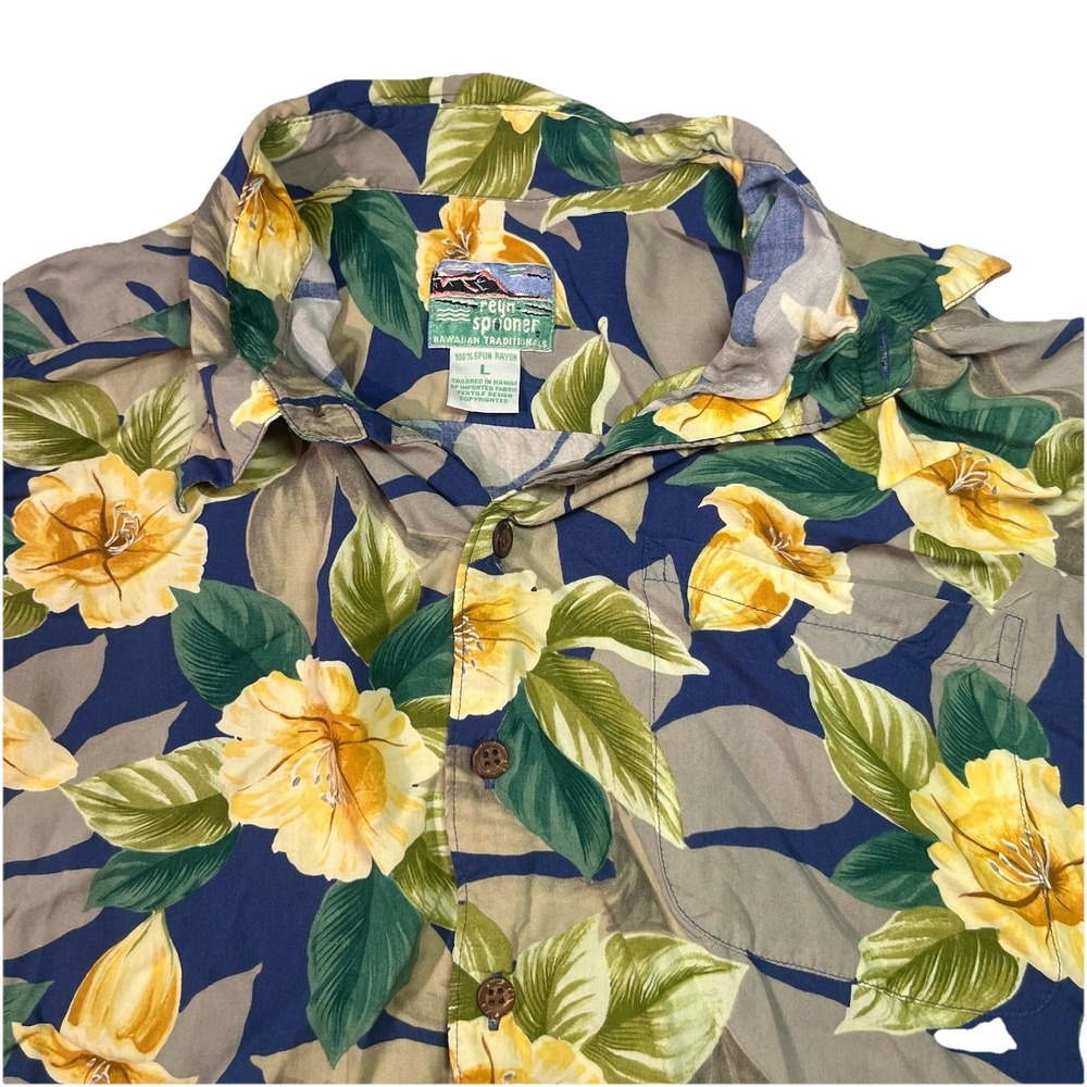 Reyn Spooner Limited Issue Hawaiian Floral Shirt Men's Large Blue Rayon EUC